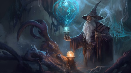 Mago de chapéu pontudo em uma caverna, segurando um orbe de magia azul
